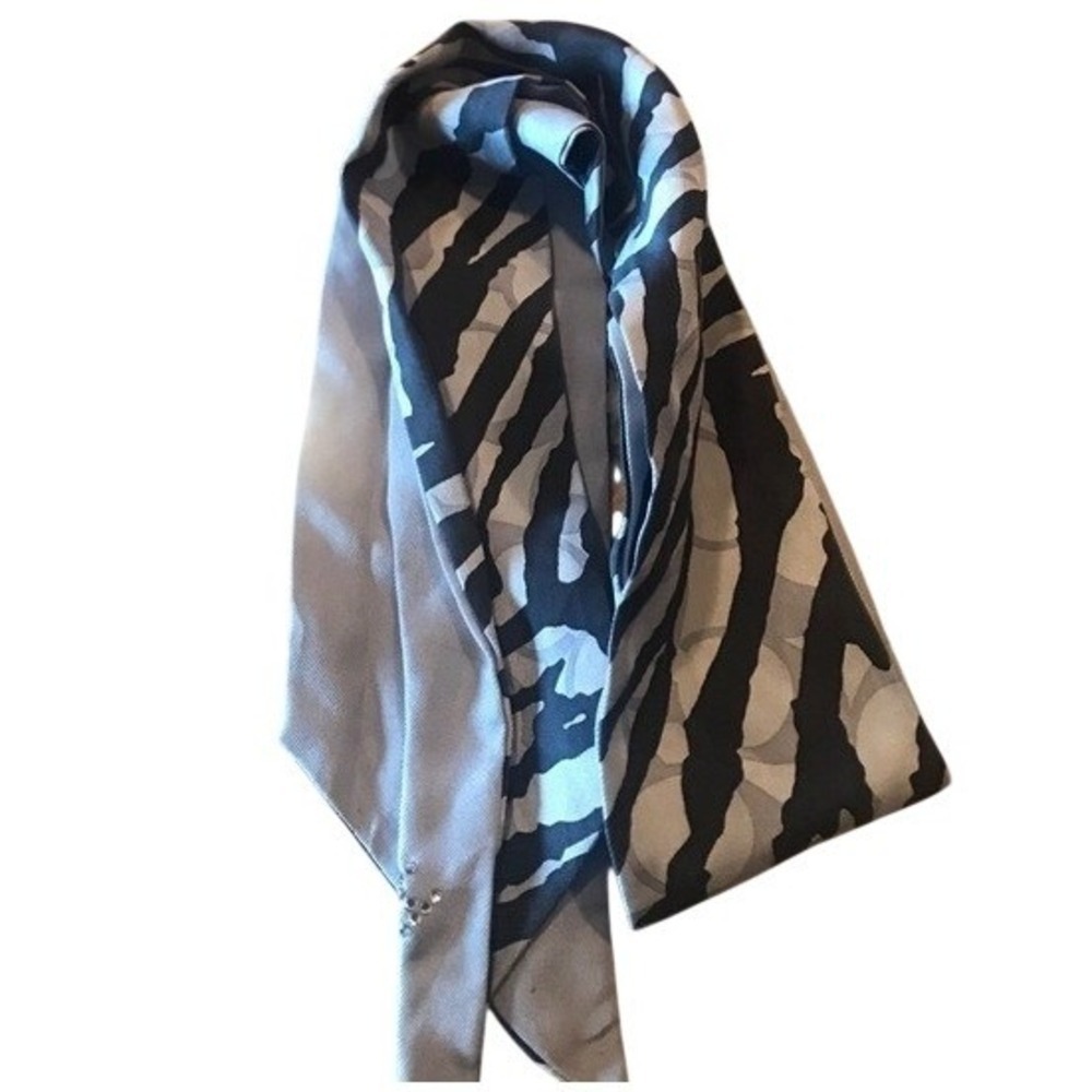 Coach Silk Zebra Signature C Skinny Scarf Rhinestone Logo Black Grey - Picture 7 of 9
